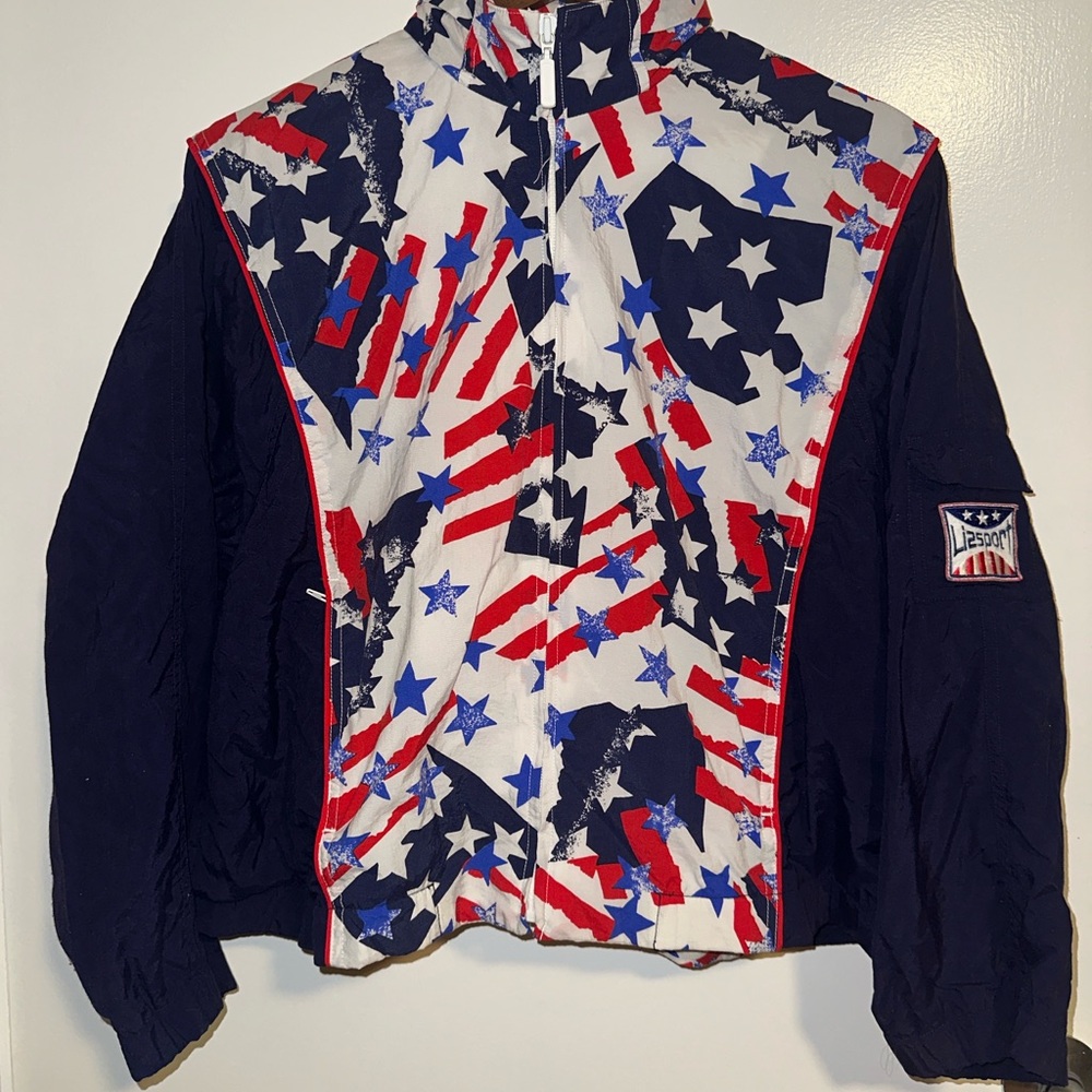 Vintage LizSport USA Stars Stripes Windbreaker Jacket Petite Small Patriotic 90s